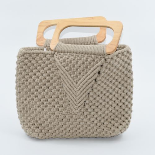 Beige Crochet Handbag with Wooden Handles
