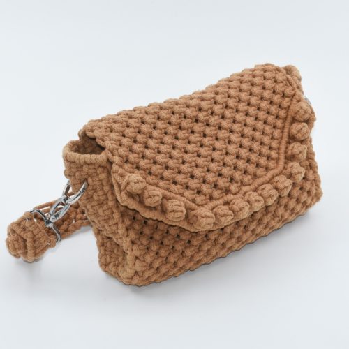 Camel-Tone Crochet Shoulder Bag with Pom-Pom Details