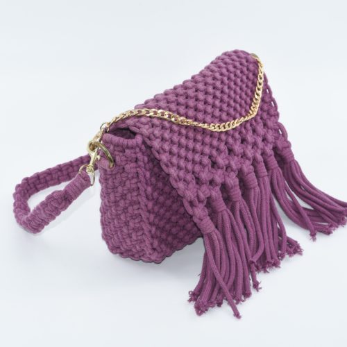 Plum Crochet Shoulder Bag with Golden Chain and Fringe