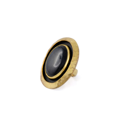 Gold-Coated Brass Ring with Black Jade Stone